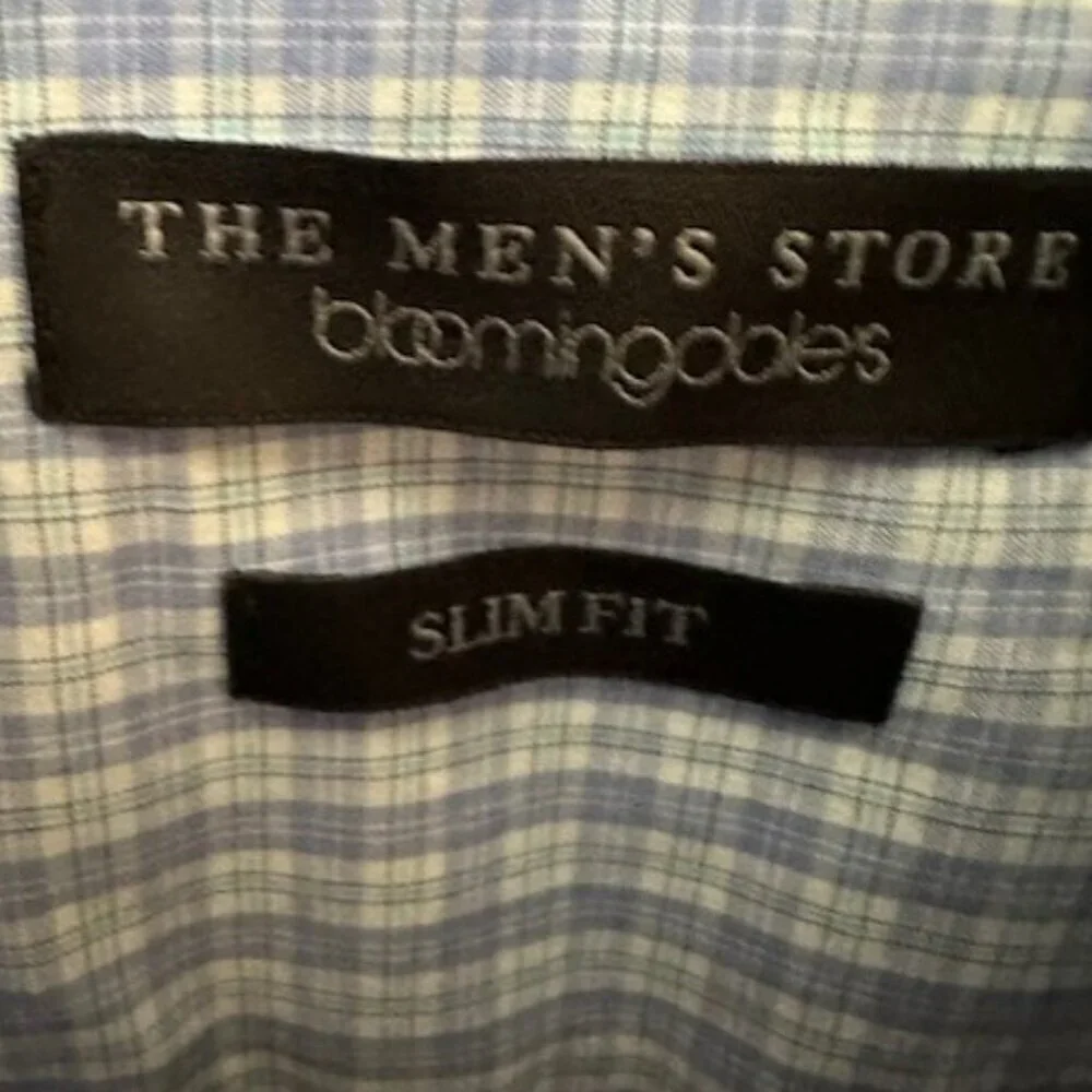Men's Store Bloomingdales Button Down Shirt 34/35 16.5 Blue Checked Slim Fit